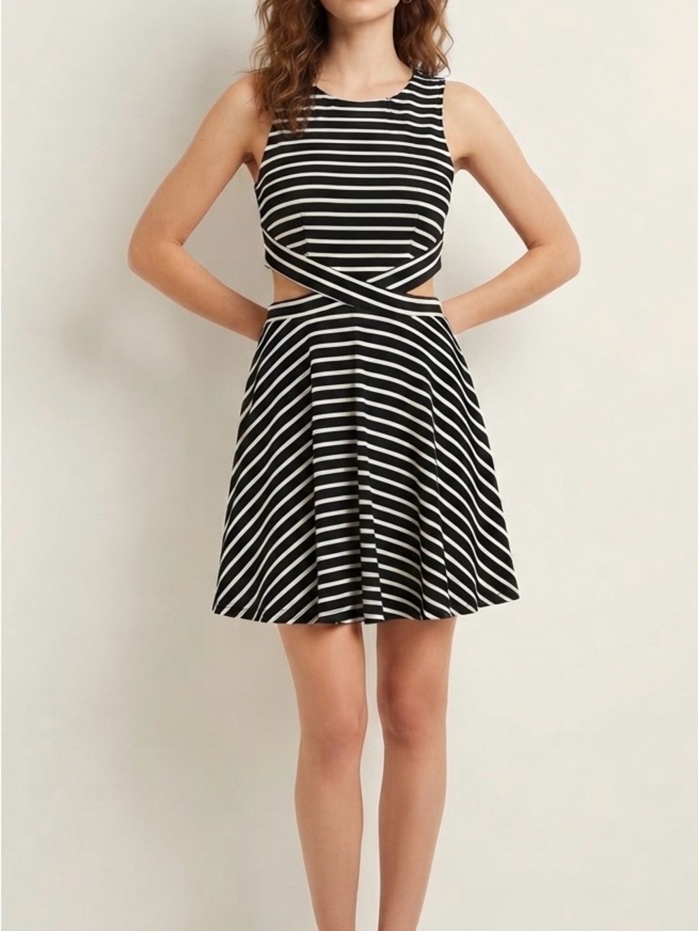 Weavers Black & White Striped Cutout Skater Dress NWT Size Large
